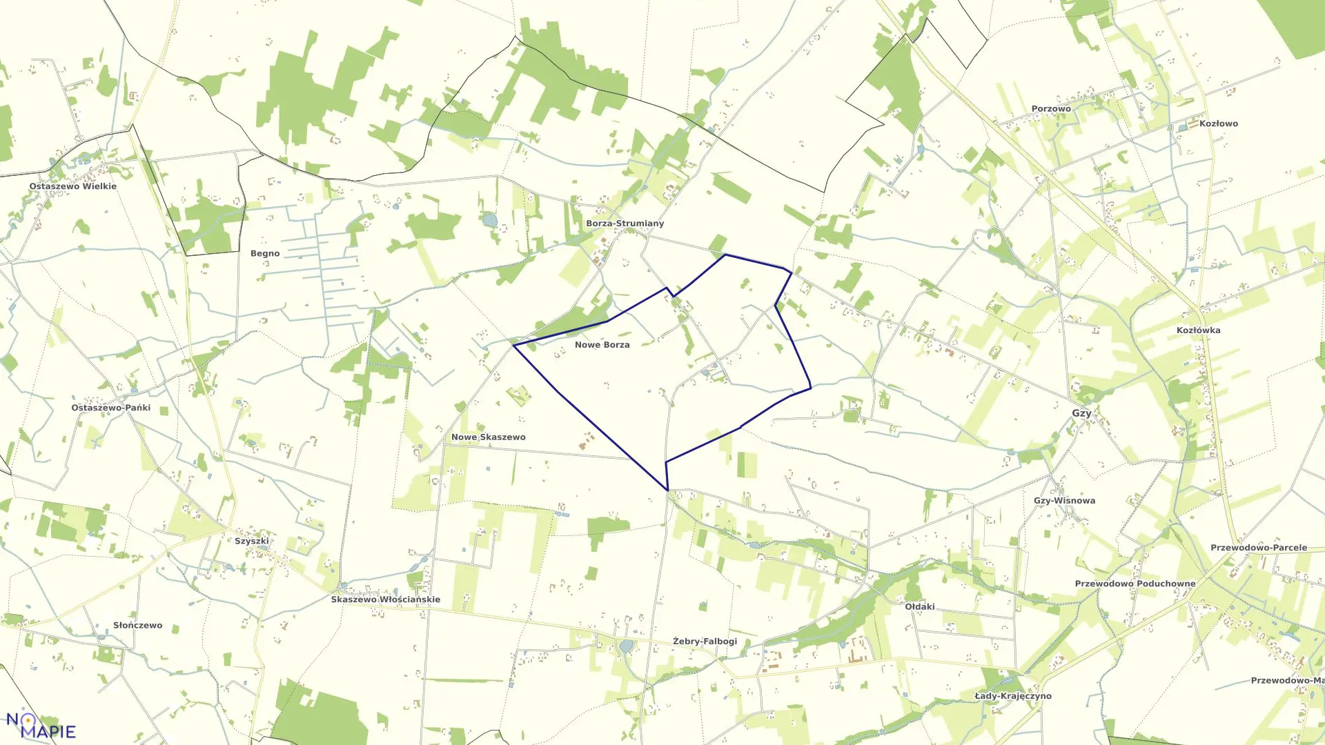 Mapa obrębu NOWE BORZA w gminie Gzy