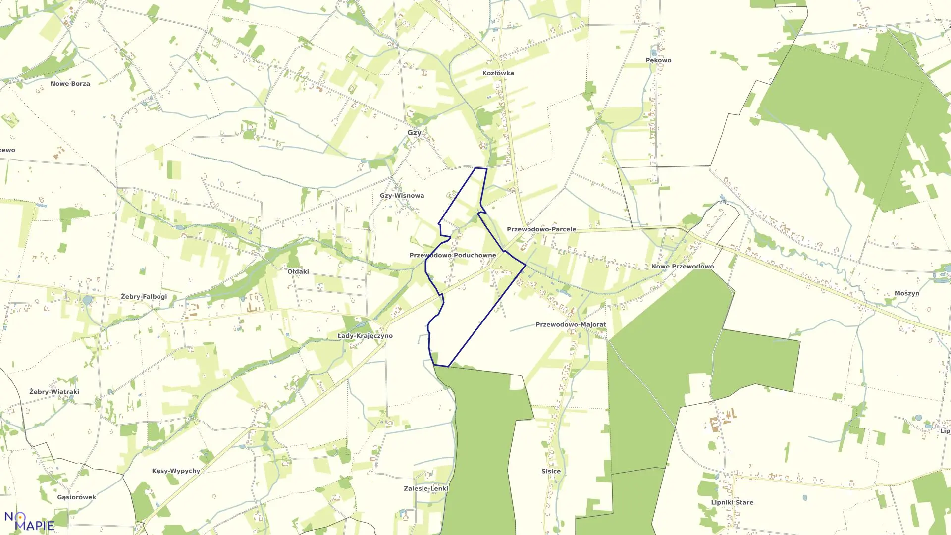 Mapa obrębu PRZEWODOWO PODUCHOWNE w gminie Gzy